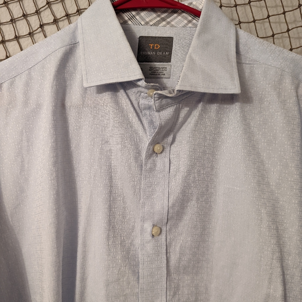 Thomas Dean Light Blue Diamond Pattern Button Front Dress Shirt - Picture 2 of 6